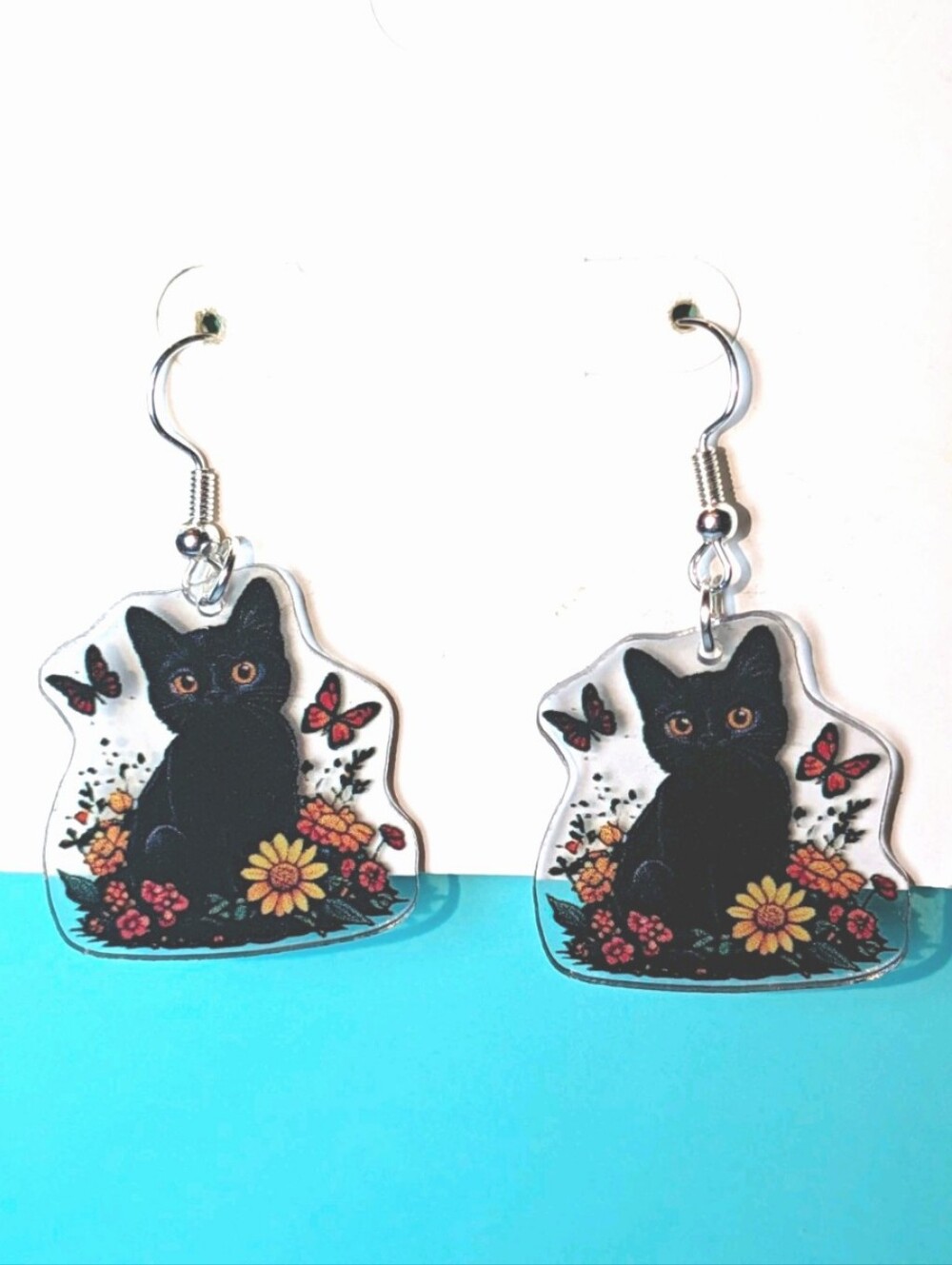 Hand Crafted Black Cat Floral Acrylic Earrings with Butterflies